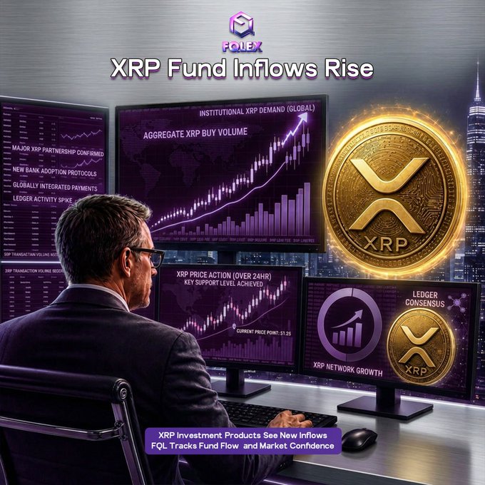 xtrp fund inflows rise advertisement, featuring a man in a suit and glasses at a desk with three computer monitors displaying stock market data.