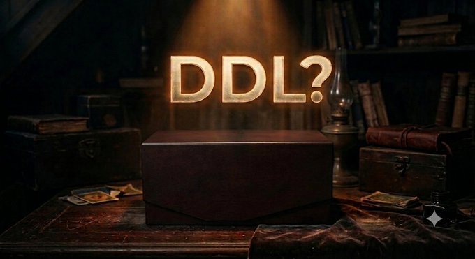 A mysterious box with glowing golden text 'DDL?' above it, sitting on a wooden table surrounded by old books, a lamp, and scattered cards in a dimly lit room.