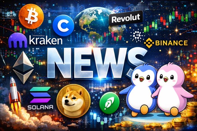 A vibrant crypto news graphic features logos of major platforms like Bitcoin, Kraken, Binance, Revolut, Solana, Ethereum, and Dogecoin alongside animated penguin mascots and a rocket, with bold "NEWS" text, visually capturing the global and dynamic nature of the crypto industry updates referenced in the post about MiCA regulations and FalconX's authorization.