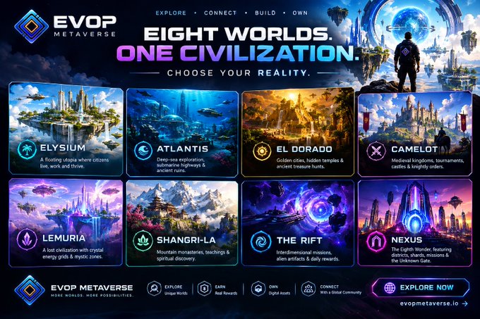 A promotional webpage for 'EVOX METAVERSE' displaying 'EIGHT WORLDS. ONE CIVILIZATION.' with eight illustrated worlds: Elysium, Atlantis, El Dorado, Camelot, Lemuria, Shangri-La, The Rift, and Nexus, each with brief descriptions, and the URL 'evoxmetaverse.io' at the bottom.