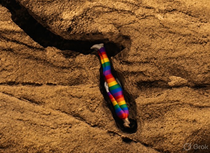An AI-generated image (watermarked 'Grok') depicting a surreal rainbow-striped sock-like creature emerging from a crevice in a tan rock surface.
