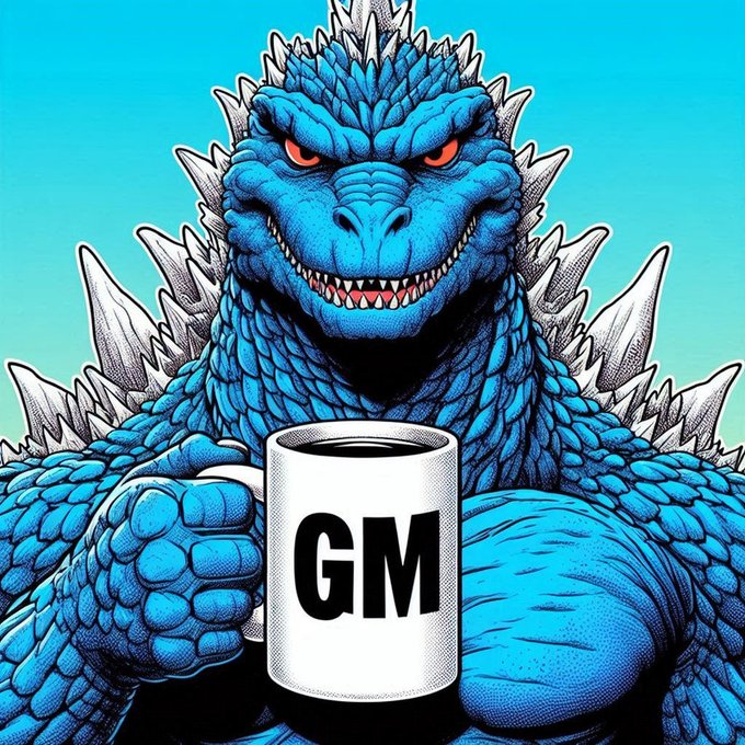 A stylized illustration of Godzilla depicted in blue holding a white coffee mug labeled 'GM' (Good Morning).