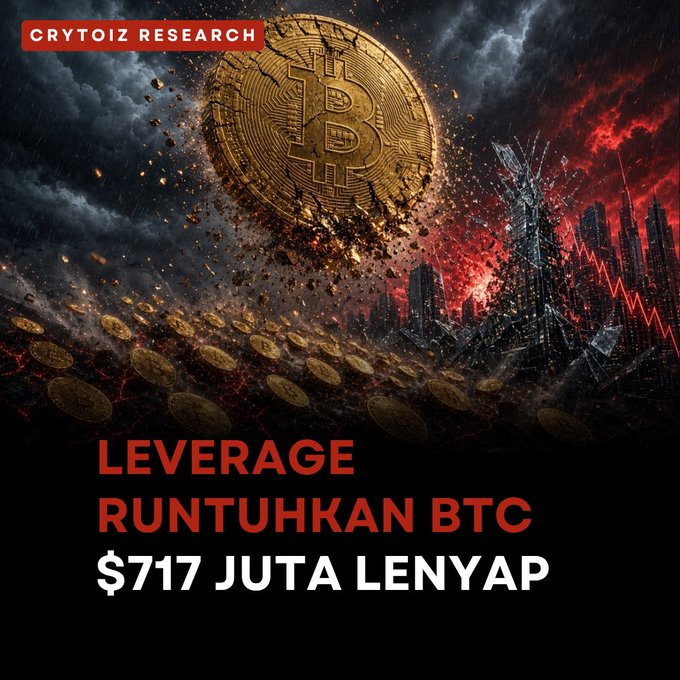 A dramatic graphic from 'CRYTOIZ RESEARCH' showing a cracked Bitcoin coin over a burning city with red sky, featuring text 'LEVERAGE RUNTUHKAN BTC $717 JUTA LENYAP'.
