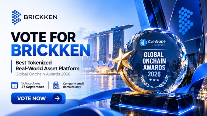 A promotional graphic for 'BRICKKEN' encouraging votes as the 'Best Tokenized Real-World Asset Platform' at the Global Onchain Awards 2026 by CoinGape, with voting closing September 27.