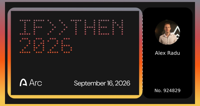 A digital transit card showing "IF>THEN 2026", "Arc", and a date of September 16, 2026, alongside a user profile for "Alex Radu" (No. 924829).