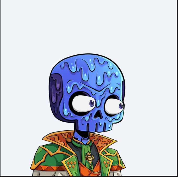 A digital artwork of a cartoon character featuring a melting blue skull head, bulging eyes, and an ornate green, gold, and orange suit with a chained medallion.