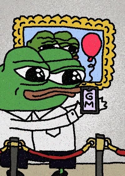A cartoon-style illustration of a sad green frog in a white shirt holding a 'GM' sign, standing behind a red velvet rope, with a framed picture of another frog and a red balloon in the background.