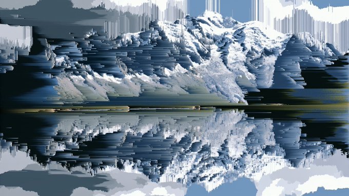 A heavily glitched and distorted digital image depicting a snow-capped mountain reflected in a body of water, with severe horizontal pixel artifacts affecting the entire scene.
