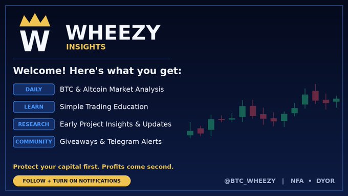The image is a promotional graphic for "Wheezy Insights" (@BTC_WHEEZY), featuring the tagline "Protect your capital first. Profits come second" alongside four service categories (Daily, Learn, Research, Community) that correspond directly to the listed benefits in the post. A green and red candlestick chart in the background visually reinforces the crypto trading analysis theme.