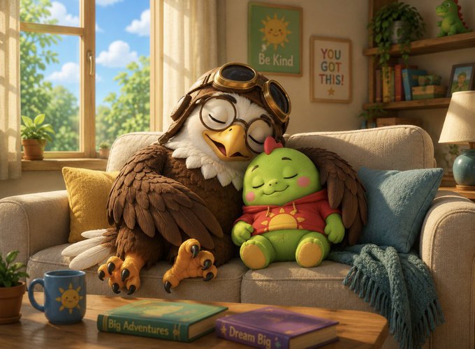 A cozy Pixar-style illustration of an owl wearing goggles and a green dragon-like plush toy snuggled together on a couch, with books titled 'Big Adventures' and 'Dream Big' on the table in front of them.