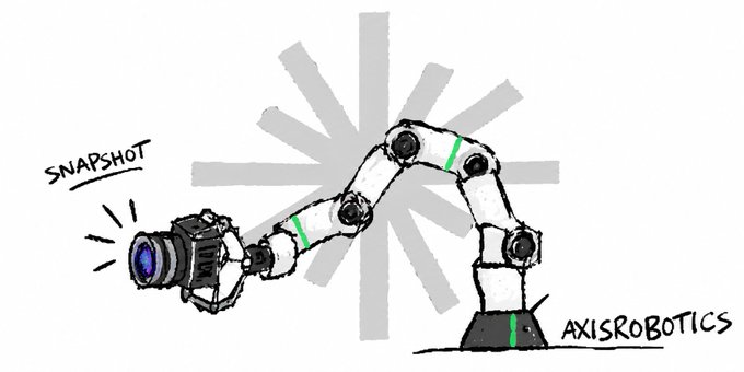 A hand-drawn illustration of a white robotic arm taking a photograph with a camera, labeled 'SNAPSHOT' near the lens and 'AXISROBOTICS' near the base.