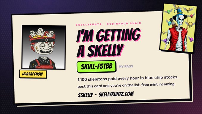 A promotional graphic for 'SKELLYKUNTZ x ROBINHOOD CHAIN' reads 'I'M GETTING A SKELLY' with pass code 'SKULL-F5TBB' and features cartoon skeleton characters, promoting the website 'SKELLYKUNTZ.COM'.