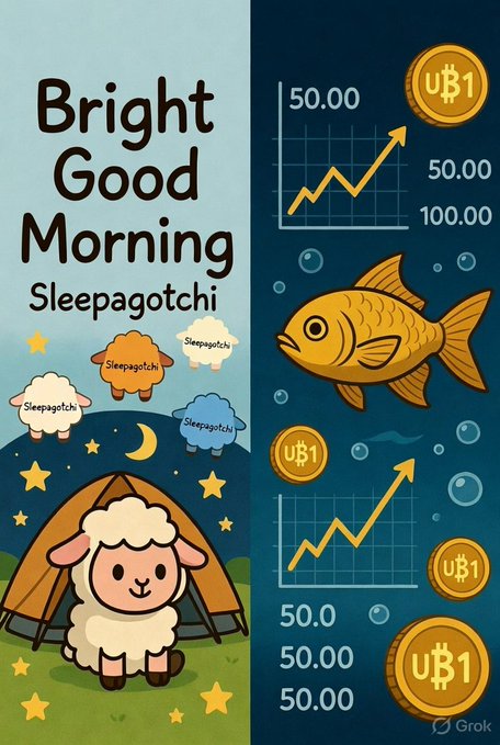 The image features two cartoon sheep sitting next to each other with a gold fish swimming around them in blue and yellow water. The text says "Bright Good Morning" above one of the sheep's head, and "@sleepagotchi @FIH_USD1 Camping brings a fresh new mode." Below this, there is an image of coins, indicating that the post may be related to the currency system or an online marketplace for virtual camping experiences. The entire scene is part of a larger layout showcasing different aspects of the gaming experience as it pertains to the gaming company "Bright Good Morning" and its unique feature of campagotchi-style digital sheep characters.