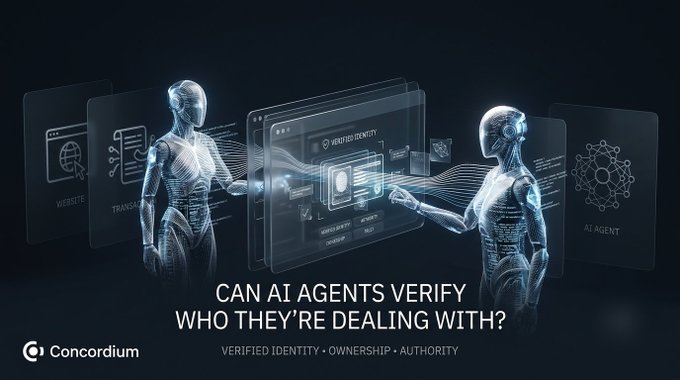 A digital graphic by Concordium features two AI figures and holographic screens displaying 'VERIFIED IDENTITY' and 'AI AGENT', with text reading 'CAN AI AGENTS VERIFY WHO THEY'RE DEALING WITH? VERIFIED IDENTITY · OWNERSHIP · AUTHORITY.'