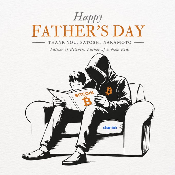 The image features an illustration of a man sitting on a couch reading a book titled "Bits". The text above him reads "Happy Father's Day to the man who fathered a trillion-dollar system, then vanished without spending a single satoshi." This suggests that the man is celebrating his father's achievements and the value he brought into their lives.