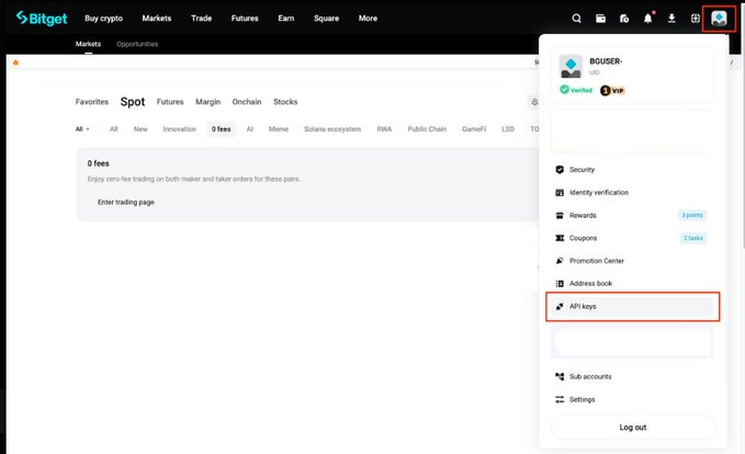 A screenshot of the Bitget cryptocurrency exchange interface showing a user dropdown menu with options like 'API keys' highlighted, and the username 'BOUSER' displayed.