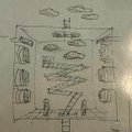 A pencil sketch depicting an architectural or landscape scene with a building structure on the left, clouds above, and small figures at the bottom.