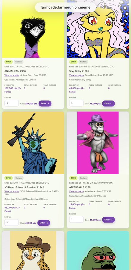 A screenshot of farmcade.farmerunion.meme NFT collection, showing entries like 'ANIMAL FAM #906' (Animal Farm - Ostrich), 'Sexy Betty #1001' (Sexy Betty), 'JC Rivera: Echos of Freedom 11242', and 'AFFENBALL #280' (Affe).