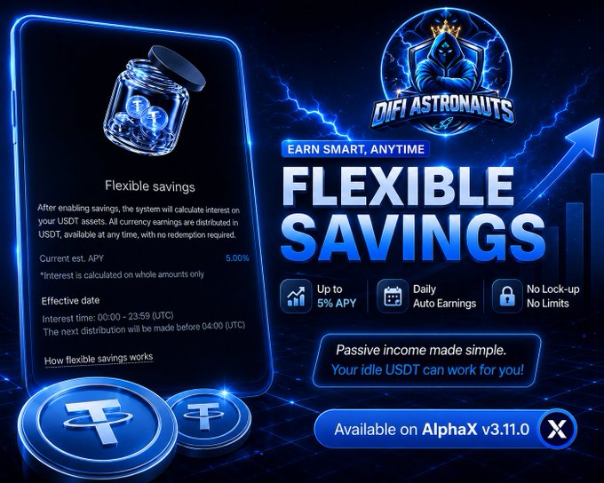A promotional graphic for 'DeFi Astronauts' advertising 'Flexible Savings' on 'AlphaX v.3.11.0' with up to 5% APY and USDT (Tether) coins shown.