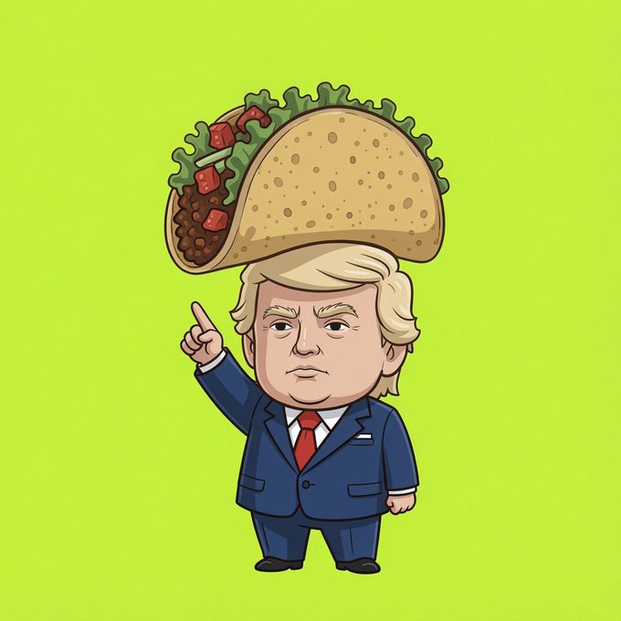 A cartoon caricature of Donald Trump wearing a blue suit and red tie, pointing upward with a large taco balanced on his head against a green background.