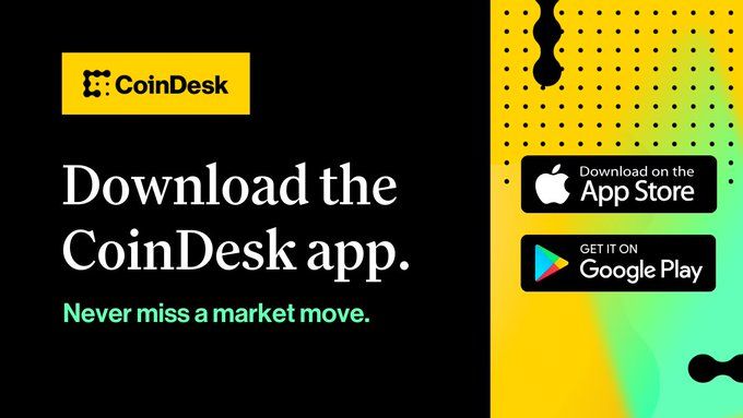 A promotional graphic for the CoinDesk app featuring a black background with the CoinDesk logo in yellow, large white text reading "Download the CoinDesk app" with a green tagline "Never miss a market move," and App Store and Google Play download buttons alongside a yellow and green dotted design element. The image directly supports the post's call-to-action to download the CoinDesk app via the provided linktree link, highlighting the app as a tool for staying informed on crypto market developments.