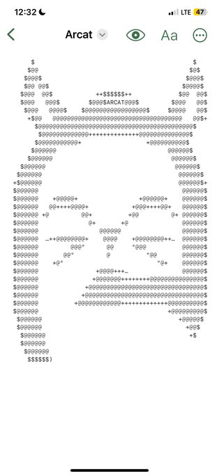 The image displays ASCII art spelling out "$ARCAT" using dollar signs, "o" characters, and "+" symbols to create the letters, with the text "$ARCAT$" embedded in the center. The post notes that the creator made this ASCII art to support their $ARCAT memecoin investment, celebrating its all-time high milestone and upcoming Arc blockchain integration.