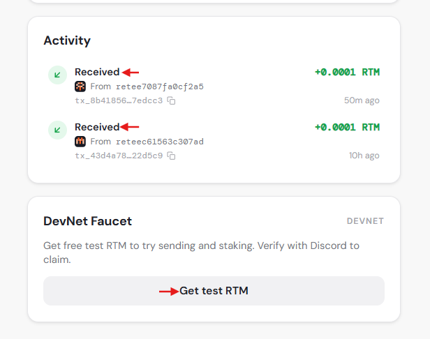 The image shows a wallet activity log displaying two "Received" transactions of +0.0001 RTM each (50 minutes and 10 hours ago) from the Retium Chain, along with a "DevNet Faucet" section offering free test RTM tokens. Red arrows highlight the "Received" status and the "Get test RTM" button, illustrating the user's success in claiming testnet tokens as part of their ongoing Retium Testnet exploration on day 17.