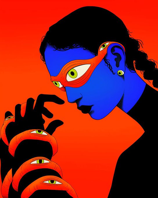 A vibrant stylized illustration of a person with blue skin against a bright orange background, featuring multiple green and yellow eyes on their face and fingers, with red accents resembling masks or tendrils.