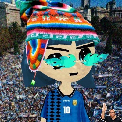 A heavily distorted glitch-art image of an anime-style character wearing a colorful Peruvian-style hat with llama patterns, blue flame-like glasses, and an Adidas Argentina #10 jersey, with a small inset of Lionel Messi in the corner.