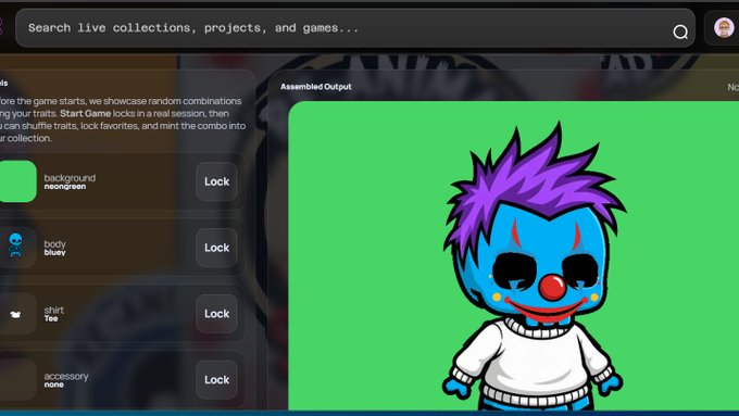 The image shows a computer screen displaying a cartoon character with blue hair wearing a white sweater, possibly a clown or a sad character from a video game. The background of the image is green, which contrasts with the blue hair color of the character. The text on the screen reads "GM Happy Caturday! This is probably nothing... A sneaky limited (69) mint on elemintrix.com/slot/773f897d- ... You will probably miss out!".