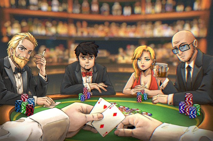An animated illustration of four characters playing poker at a green felt table, with two hands in the foreground revealing the Ace of Diamonds and Ace of Hearts.