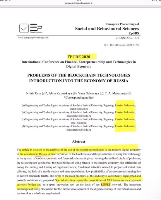A screenshot from the European Proceedings of Social and Behavioral Sciences (EpSBS) showing the title page of a paper titled "Problems of the Blockchain Technologies Introduction Into the Economy of Russia" (DOI: 10.15405/epsbs.2021.03.58) by Nikita Osin, Alina Kazanskaya, Yana Nalesnaya, and T.A. Makarenya, with yellow highlights emphasizing Russia's role and a highlighted passage noting that "Special attention is paid to the possibilities of XRP token use as a payment currency bridge and as a spam protection tool on the basis of the RIPPLE network."