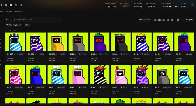 The image shows an analytics dashboard from the BTC Ordinals marketplace displaying a portfolio of RH Bitcoin Machine (RH BTC) NFTs, with a total floor price of 0.177.86 BTC, total volume of 638.4K, and 10+ floor items, supporting the post's claim about a growing collection of rare Machine collectibles on the @btcordinal platform.