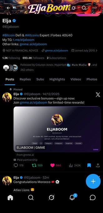 X/Twitter profile of 'Elja' (@Eljaboom), a Bitcoin/Altcoins expert, advertising GMME gambling with 693.4K followers.