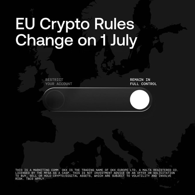 The image shows a poster for an EU Crypto Rules Change event that took place on July 1st. It features a map of Europe with the words "Restrict your account" written above it, indicating that users should not access their accounts during this change period. The poster also includes a button labeled "Change on 1 July", suggesting that the rules are applicable from July 1st forward.