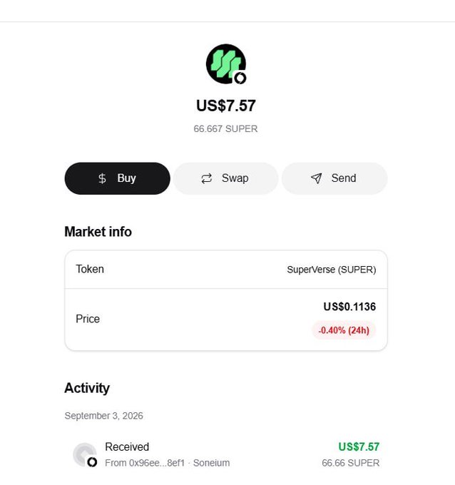 A wallet screenshot shows a SuperVerse ($SUPER) token receipt of US$7.57 (66.666 SUPER), received on September 3, 2026, from address 0x96ee...8ef1 on Soneium, with a current token price of US$0.1136 (-0.40% 24h). The image directly supports the post's claim of receiving $7 worth of $SUPER tokens as part of the Startale App's Mini Apps Carnival quest rewards.
