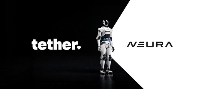 The image features an advertisement for Neura Robotics. The backdrop consists of a black and white design with a robot standing in the center. Above the robot, there's white text that reads "TETHER" and another white line below, which says "NEURAROBotics". In addition to these, there is a dollar sign positioned above the robot, indicating that this is an investment in their robotics technology. The image also contains a small text, possibly referencing a recent announcement or partnership.