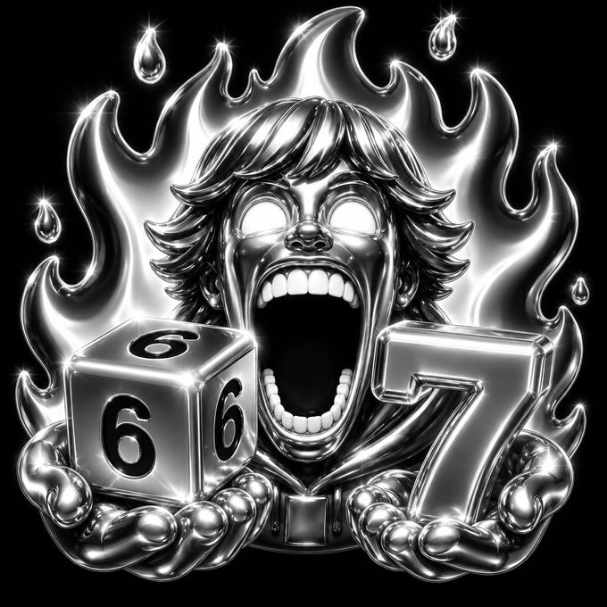 A chrome figure screams surrounded by flames and water droplets while holding a die showing "6" and the number "7", visually representing the name and ticker "$67" of the tokenized silver project on Solana.