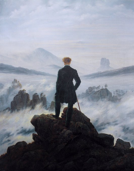 "Wanderer above the Sea of Fog" by Caspar David Friedrich, depicting a solitary figure standing on a rocky precipice gazing out over a vast misty landscape, embodies the post's message of self-sovereignty—mirroring the freedom of someone who steps beyond surveillance, custodians, and centralized systems to master their own Bitcoin, node, and digital existence.