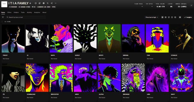 The image shows a screenshot of the ITIA FAMILY NFT collection marketplace on what appears to be the ITIA platform, displaying 15 items with various vibrant, artistic character illustrations titled FROST, IVI, WAKO, GODLY, MYSTI, NIPPON, PINK, STARLIZE, PI, DOWNSLOAD, INVOKER, AKKI, ALPHA, GEEKHOOD, LOKA, and BASTI, with ETH trading metrics visible (Price floor: 0.00 ETH, Items: 23, Owners: 2). The image aligns with the post's message about NFTs evolving into cultural and identity-based communities, as the ITIA FAMILY marketplace showcases distinctive digital art collections that emphasize creative identity and community ownership within the Web3 space.