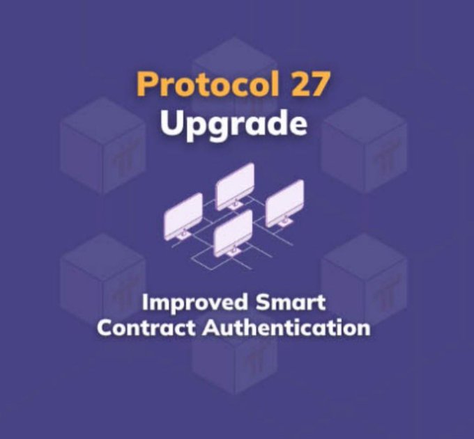 A blue graphic announcing 'Protocol 27 Upgrade' with 'Improved Smart Contract Authentication' featuring isometric illustrations of computer monitors connected in a network.