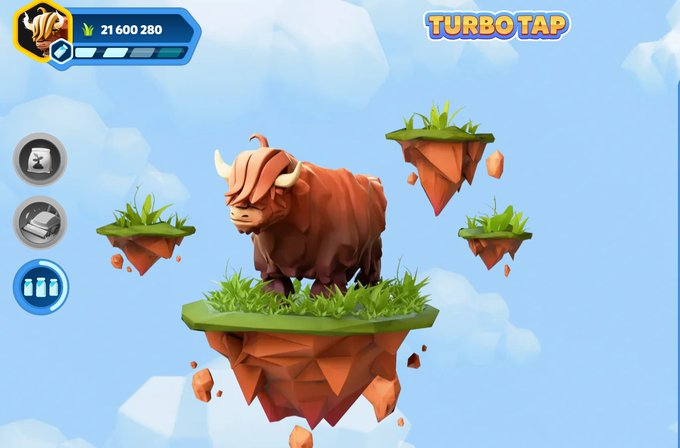 A mobile game screen titled "TURBO TAP" features a 3D bull character standing on a floating grass-topped island, with a currency counter showing 21,600,280 coins—mimicking Robinhood's trading interface as a playful jab at bullish market tops.