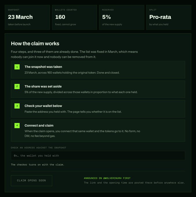 A dark-themed crypto claim webpage displays a snapshot date of '23 March' across '160' wallets with '5%' reserved for the 'Pro-rata' split, explaining the four-step claim process below.