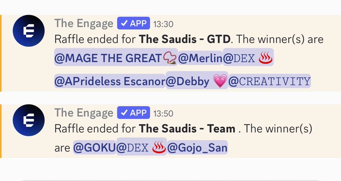Discord notifications from The Engage bot announce raffle winners for 'The Saudis - GTD' including @MAGE THE GREAT and @Merlin, and for 'The Saudis - Team' including @GOKU and @Gojo_San.