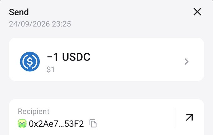 A screenshot of a crypto wallet "Send" transaction dated 24/09/2026 showing a -1 USDC (~$1) transfer to a recipient address starting "0x2Ae7...53F2", illustrating the post's point about small $1 donations collectively adding up to a powerful amount versus the $500 actually contributed.