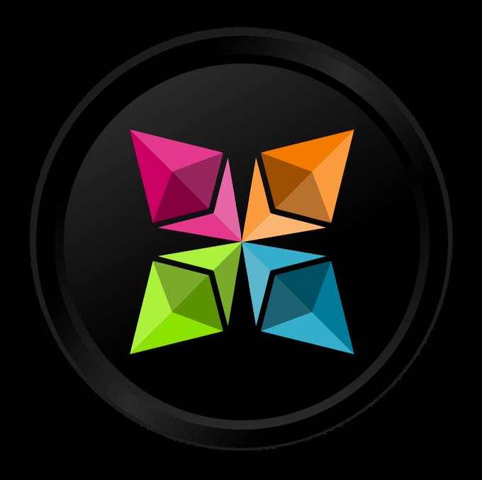 A black circular logo featuring four colorful 3D triangular shapes arranged in a pinwheel pattern, resembling a stylized four-pointed star with pink, orange, green, and blue segments.
