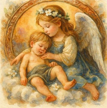A tender painting depicts a serene angel with white wings and a flower crown tenderly cradling a sleeping child among soft clouds, set within an ornate golden frame. The artwork beautifully complements the post's themes of innocence and beauty, illustrating the "Little angels" NFT piece being offered on the objkt marketplace.