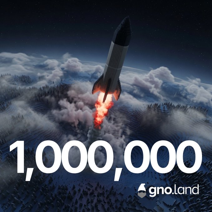 The image shows a rocket launching into a starry sky over a snow-covered landscape, with bold text reading "1,000,000" and the "gno.land" logo with its distinctive icon. The rocket's dramatic ascent visually symbolizes the milestone of 1,000,000 transactions reached on the Test13 chain.