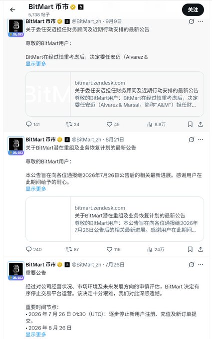 A Twitter/X feed screenshot from BitMart exchange (@BitMart_zh) announcing the appointment of Alvarez & Marsal and updates regarding user compensation arrangements.