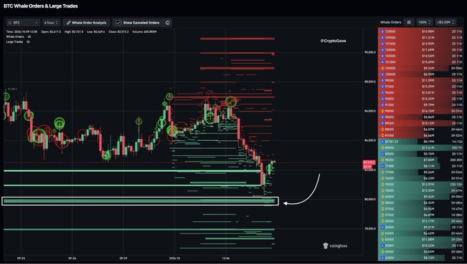 A financial trading chart titled 'BTC Whale Orders & Large Trades' displays Bitcoin price action with candlestick patterns, whale order data, and annotations showing $85,000 and $80,000 price levels, attributed to coinglass.
